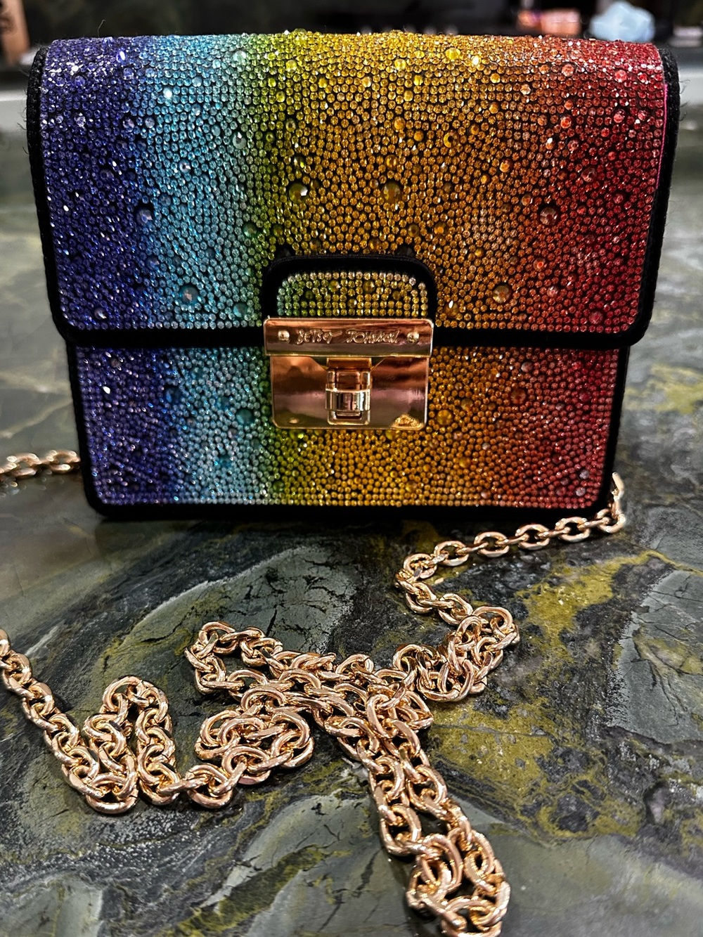 Betsey Johnson Multicolor Rainbow Crystals Crossbody with Gold Chain Strap 7”x5” - Picture 14 of 16